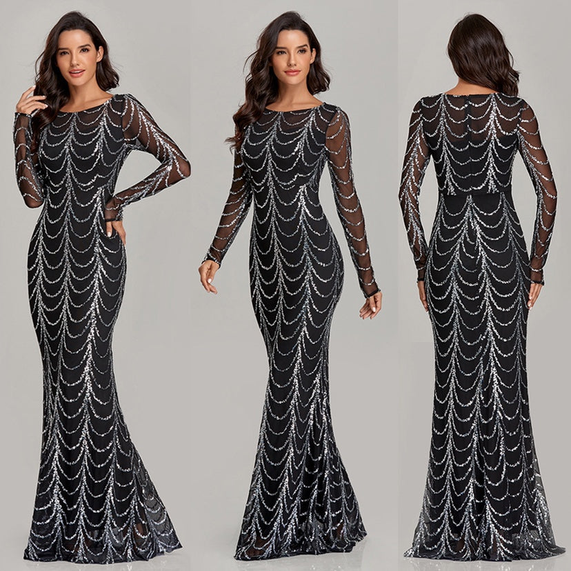 Women’s Full-Sequin Maxi Dress | High-Sense Long Sleeve Evening Gown | Trendy Minimalist Shimmering Party Dress | Luxury-Label Statuesque Radiant Occasion Wear | 2026 High-Fashion Emerald-Luxe Essential