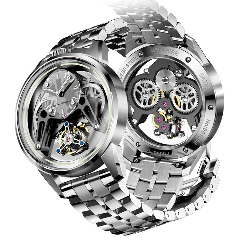 Men’s Luxury Armor Tourbillon Mechanical Watch | Automatic Skeletal Self-Winding Wristwatch | Industrial Design Hollow-Out Armor Watch | Futuristic Luxury Gear Watch for Men