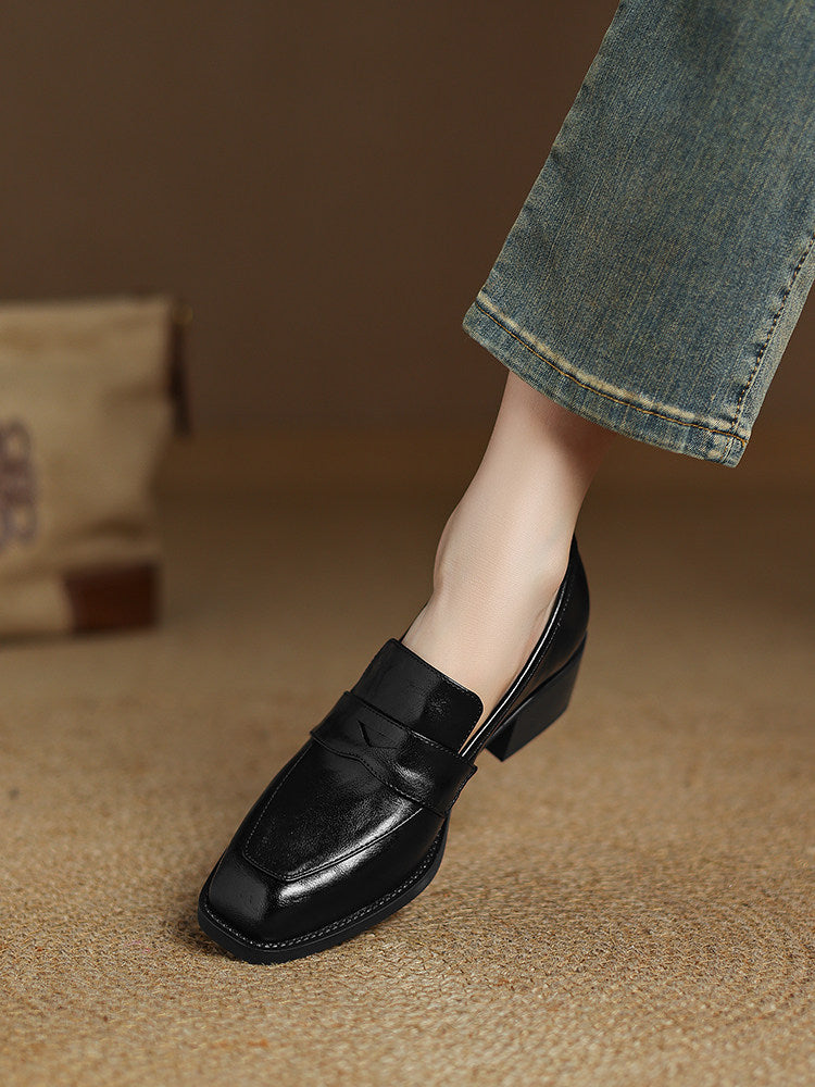 Women’s Retro Square-Toe Chunky Heel Loafers | Elegant Deep-Mouth Block Heel Pumps | Professional Vintage Office Shoes for Women | Comfortable High-Sense Leather Style Slip-Ons