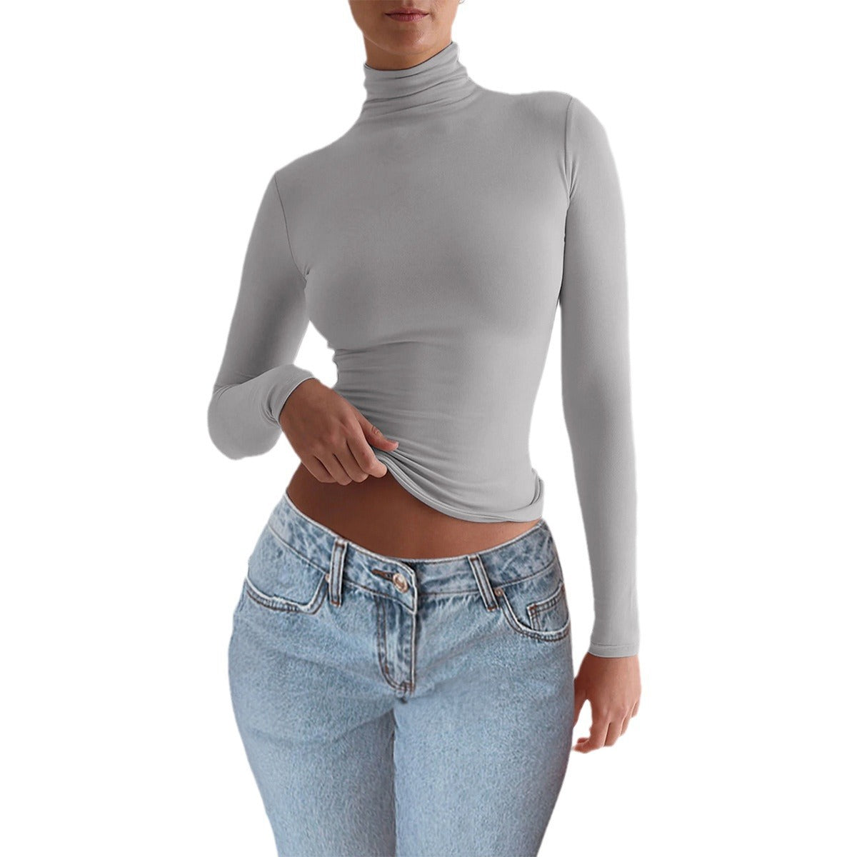 Women’s Y2K Slim Fit Turtleneck T-Shirt | Elegant Long Sleeve Mock Neck Pullover | Casual Tight-Fit Basic Top | Modern Minimalist Streetwear Pullover for Women | 2026 Trend Essential