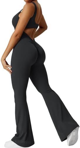 Women’s Sleeveless Flare Yoga Jumpsuit | Full-Body Fitness Bodysuit with Flared Legs | Elegant Backless Workout One-Piece | Trendy High-Stretch Athleisure Yoga Set | 2026 Modern Studio-to-Street Jumpsuit