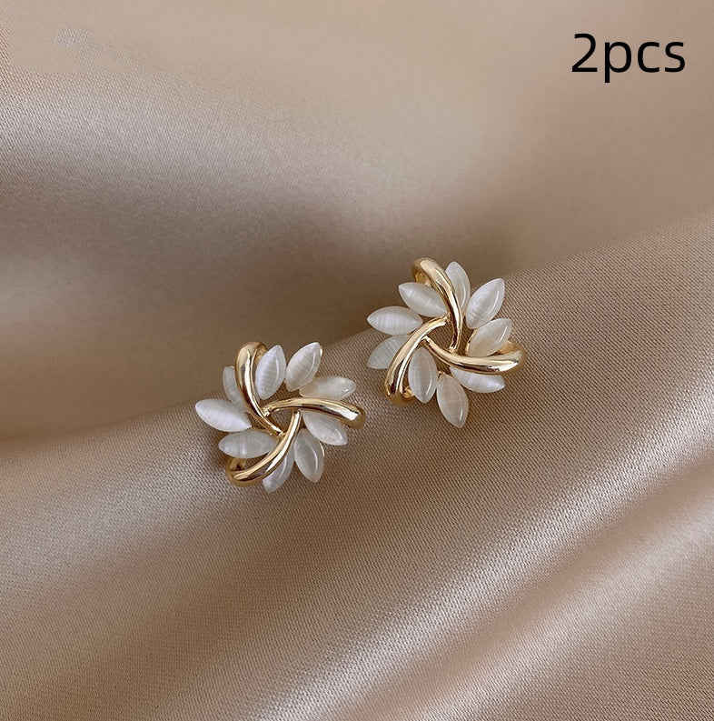 Luxury Cat’s Eye Flower Earrings | High-Sense Opal Geometric Studs | Square & Triangle Iridescent Jewelry | Elegant Floral Opal Earrings for Women