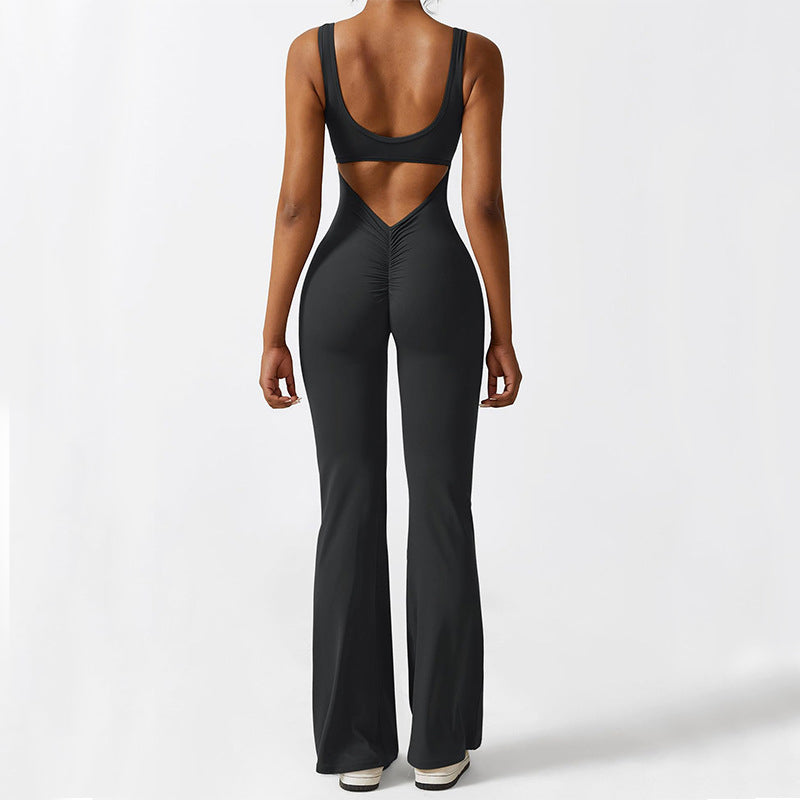 Women’s Sleeveless Flare Yoga Jumpsuit | Full-Body Fitness Bodysuit with Flared Legs | Elegant Backless Workout One-Piece | Trendy High-Stretch Athleisure Yoga Set | 2026 Modern Studio-to-Street Jumpsuit