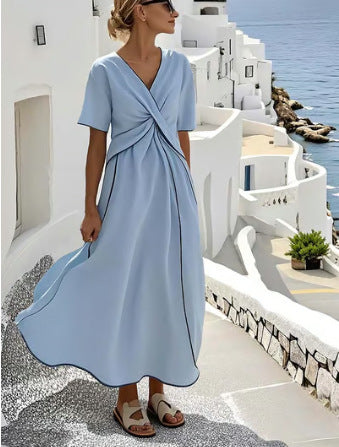Casual Loose Retro Striped Print Holiday Dress Summer Short Sleeve V Neck Robes Dress Boho Beach Pleated A-Line Long Dress Woman