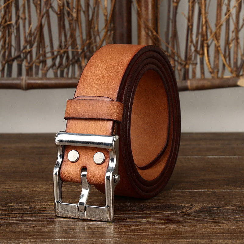 Men’s Retro First Layer Cowhide Leather Belt | Premium Stainless Steel Buckle Waistband | Heavy-Duty All-Match Full-Grain Leather Belt | Vintage Style Men's Executive Belt