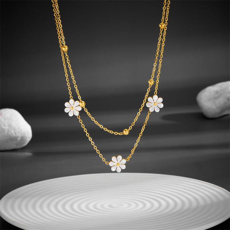 Double-Layered Daisy Flower Jewelry Set | Stainless Steel Floral Pendant Necklace & Earrings | Trendy 2-in-1 Layering Necklace for Women | Waterproof & Tarnish-Free Jewelry