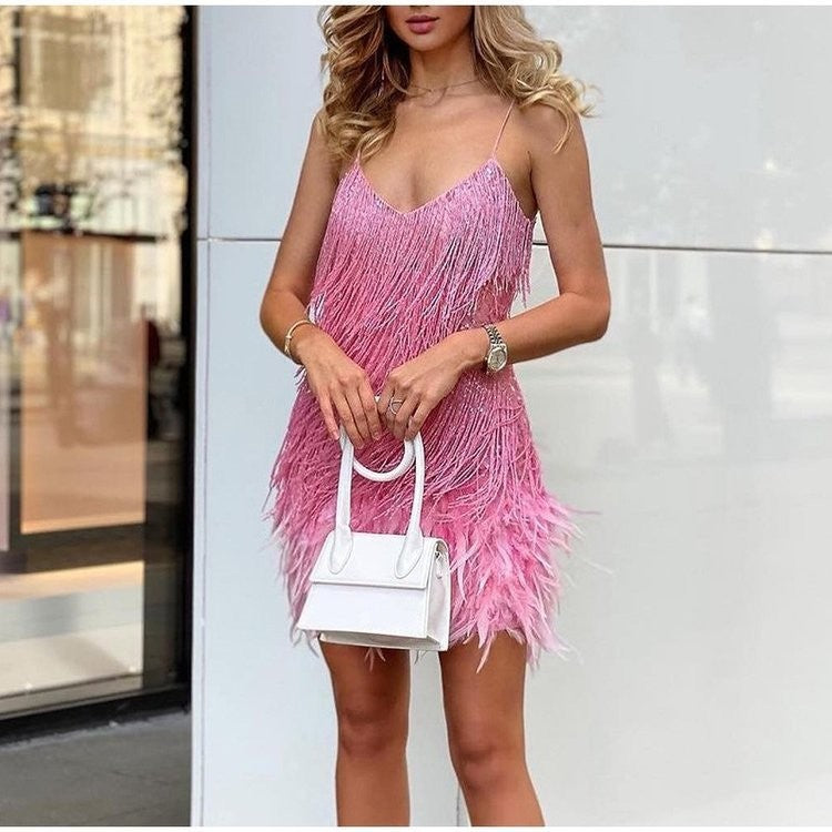 Tassel Sequins Feather Summer Mini Dress Women V Neck Spaghetti Strap Stitching Dresses Female Elegant Evening Party Club Dress
