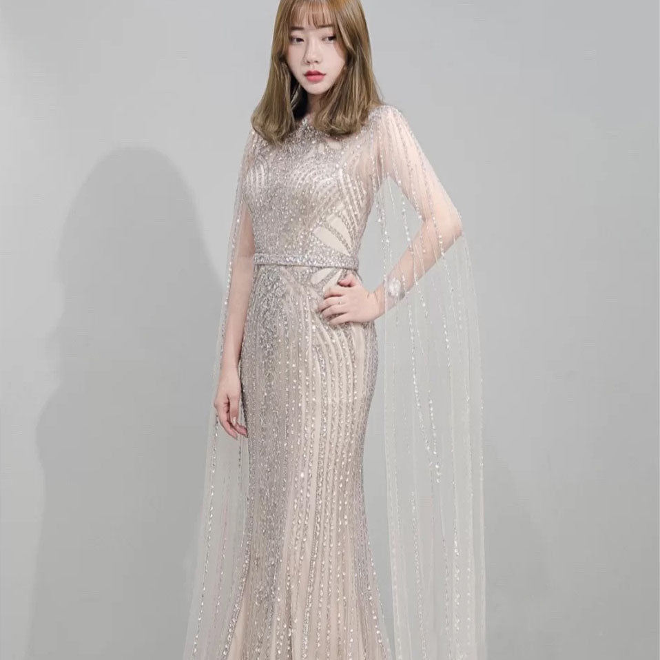 Elegant Fishtail Zipper Floating Sleeve Long Dress | Sophisticated Mermaid Host Gown | High-Sense Evening Party Dress | Luxury Flare Sleeve Formal Gown for Women