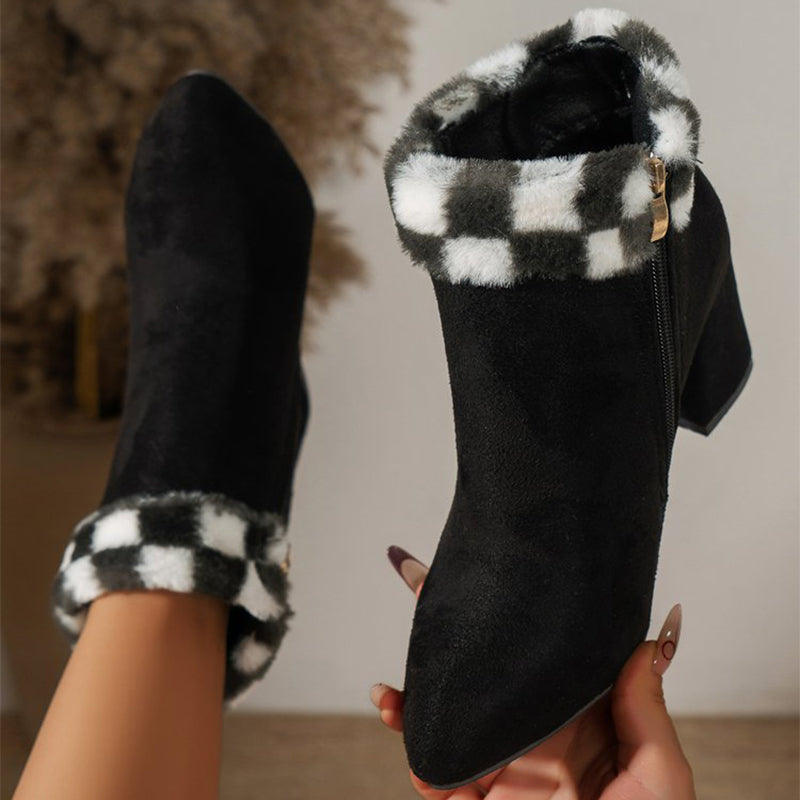 Women’s Plaid Print Plush Ankle Boots | High-Sense Square-Heel Suede Boots | Trendy Minimalist Autumn & Winter Footwear | Luxury-Label Statuesque Casual Boots | 2026 High-Fashion Radiant Winter Essential