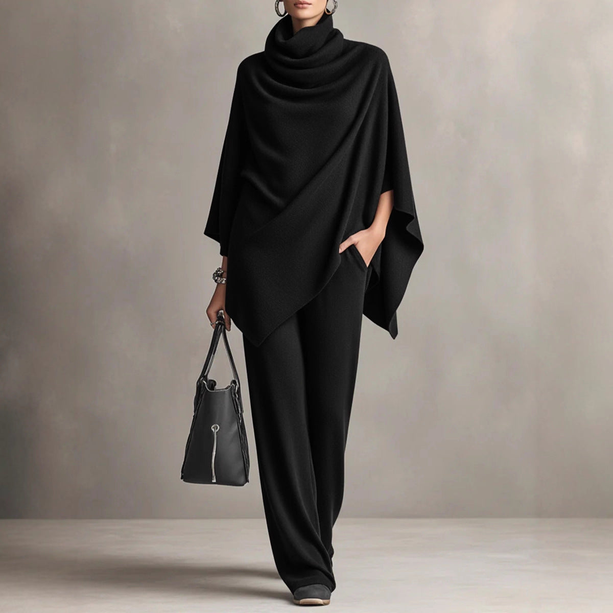 Women’s Cloak-Style Cape Top and Wide-Leg Pants Set | Elegant 2-Piece Formal Suite | Sophisticated Cape Sleeve Evening Outfit | Modern High-Sense Party Co-ord Set | 2026 Luxury Occasion Wear
