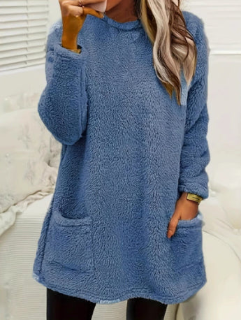 Women’s Plush Fleece Pullover Long Sweater | Winter Warm Thickened Hooded Sweatershirt | Casual Long Sleeve Plush Tops with Pockets | Trendy Loose Fit Hoodie Coat | 2026 Winter Streetwear Outerwear