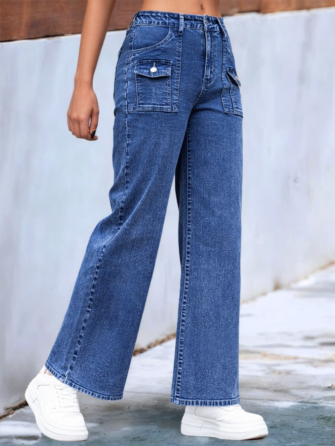 Women’s High-Waisted Wide-Leg Utility Jeans | Trendy Medium Blue Cargo Denim Pants | Streetwear Wide-Leg Trousers with Multi-Pockets | High-Sense Utility Style Denim | 2026 Urban Fashion Cargo Jeans