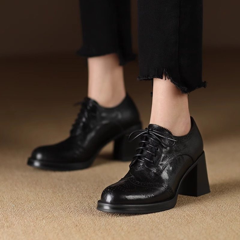 Women’s British Style Chunky Heel Pumps | Autumn Round Toe Block Heel Shoes | Classic Vintage Office Loafer Pumps | Trendy High-Sense Fall Footwear for Women