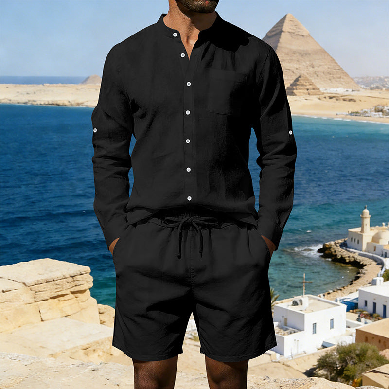 Mens Casual Linen Shirt And Shorts Set Summer Vintage Stand Collar Shirts Men Comfortable Breathable Beach Suits