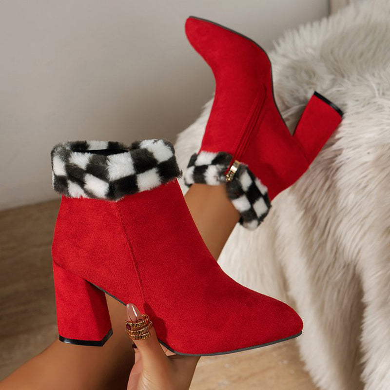 Women’s Plaid Print Plush Ankle Boots | High-Sense Square-Heel Suede Boots | Trendy Minimalist Autumn & Winter Footwear | Luxury-Label Statuesque Casual Boots | 2026 High-Fashion Radiant Winter Essential