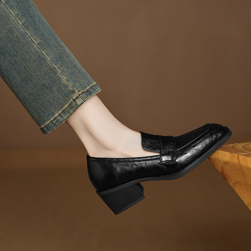 Women’s Retro Square-Toe Chunky Heel Loafers | Elegant Deep-Mouth Block Heel Pumps | Professional Vintage Office Shoes for Women | Comfortable High-Sense Leather Style Slip-Ons
