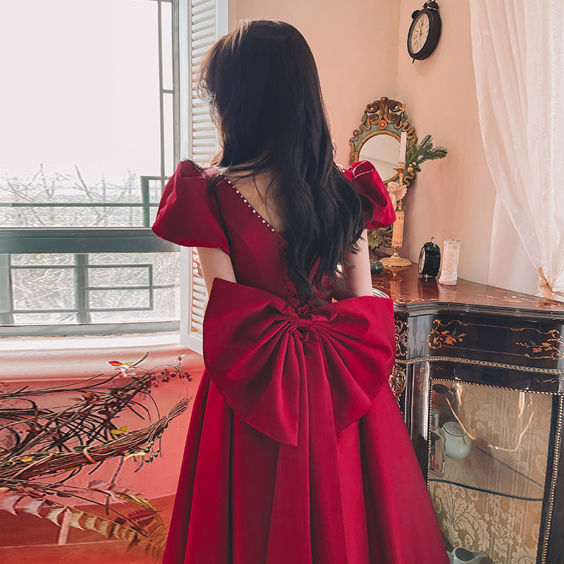 Winter Wine Red Engagement Dress | French Retro "Princess on the Run" Satin Dress | Elegant Long-Sleeve Romantic Evening Gown | Luxury Deep Red Formal Party Dress | 2026 High-Fashion French Aesthetic Gown