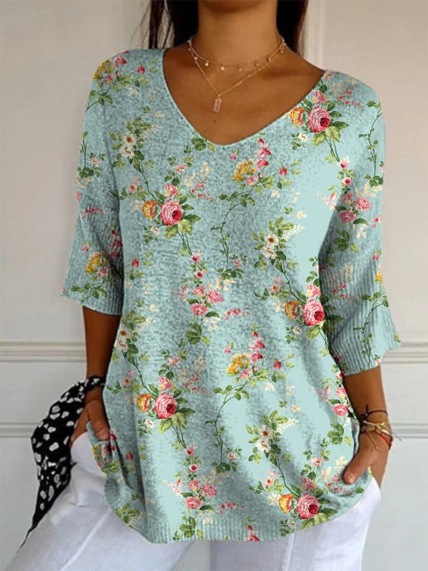Elegant Retro Womens Casual Floral Print V-Neck Long-Sleeve Top
