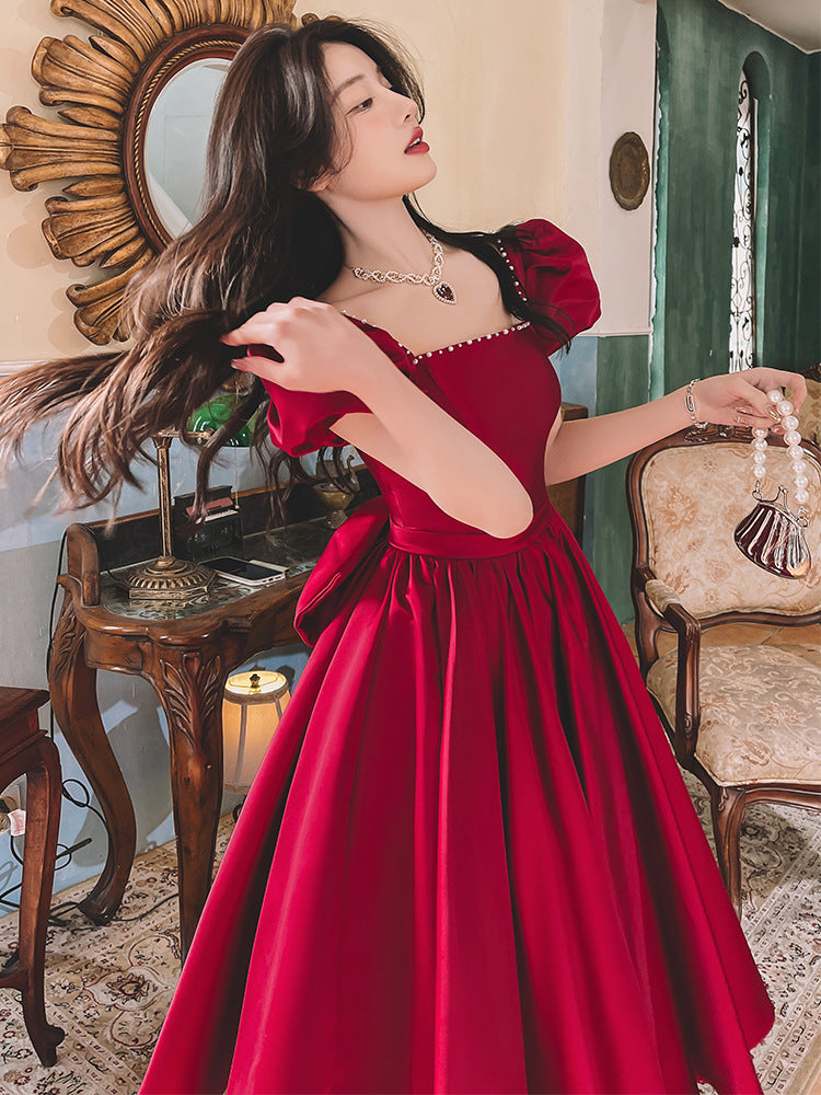 Winter Wine Red Engagement Dress | French Retro "Princess on the Run" Satin Dress | Elegant Long-Sleeve Romantic Evening Gown | Luxury Deep Red Formal Party Dress | 2026 High-Fashion French Aesthetic Gown