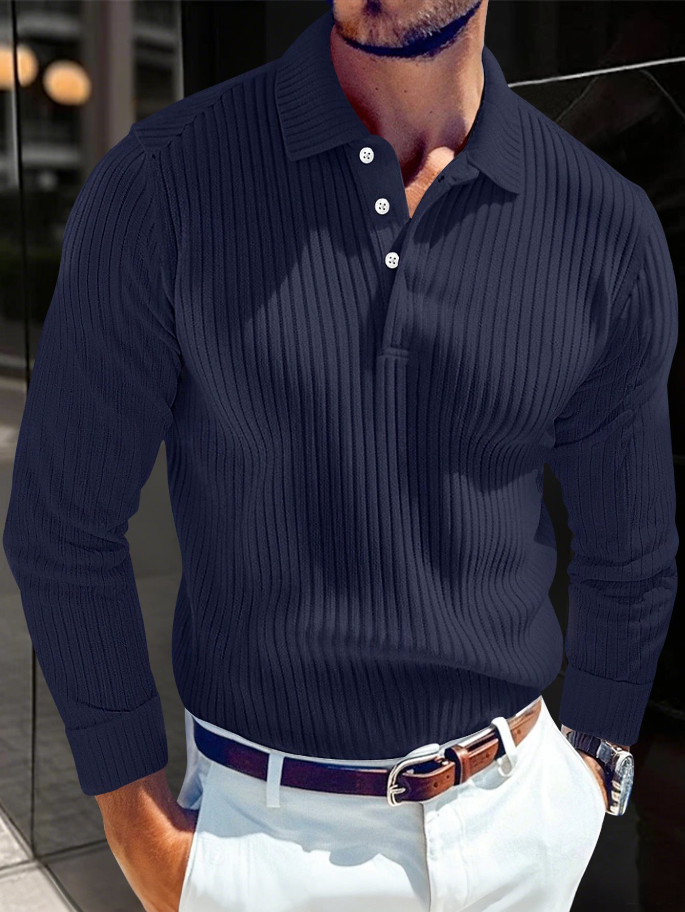 Men's Polo T-shirt With A Turn-down Collar Spring Summer Business Buttoned Long-sleeve Sports Retro Style Striped Polo Shirt For Daily Wear