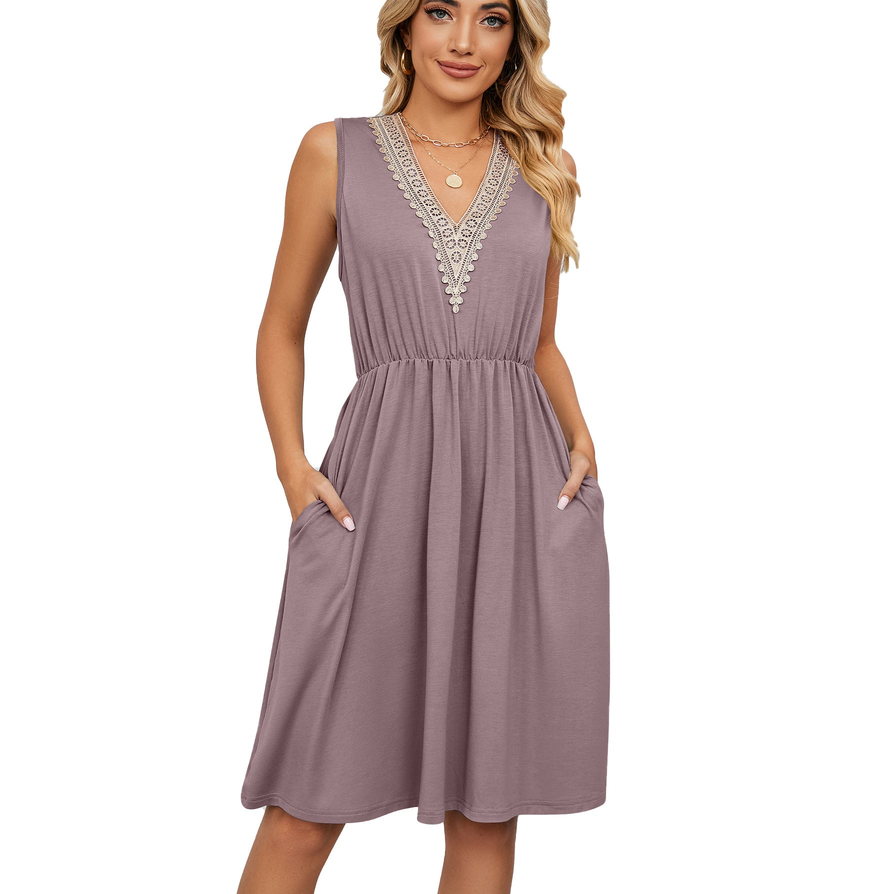Women’s Lace Panel Sleeveless V-Neck Dress | Elegant A-Line Summer Dress with Pockets | Chic Lace Trim Party Dress | Functional & Stylish Sleeveless Sundress