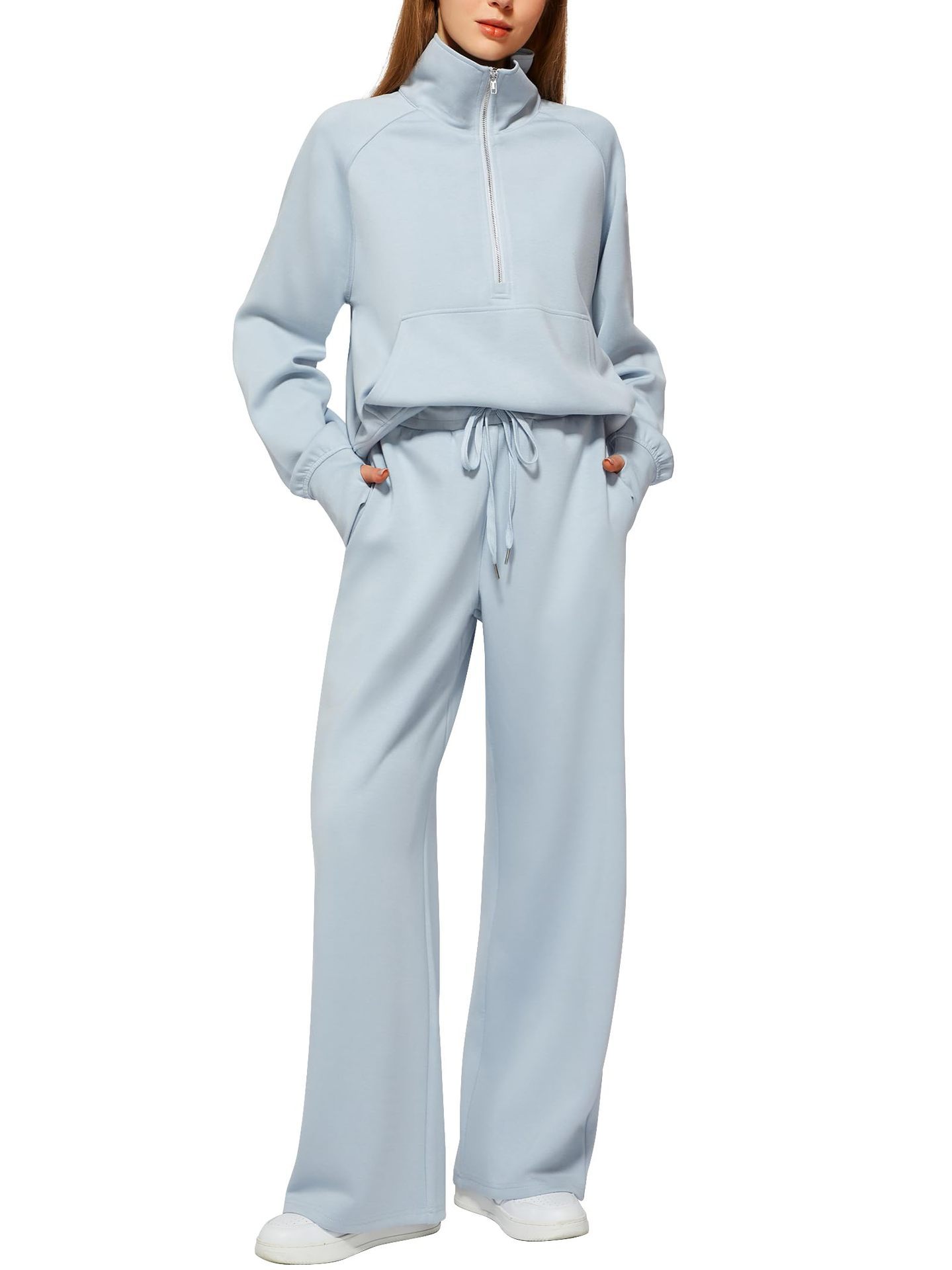 Women’s Half-Zip Sweatshirt & Wide-Leg Pants Set | Casual Solid Color Two-Piece Outfit | Elegant Long Sleeve Sporty Lounge Suit | Trendy High-Waist Wide-Leg Tracksuit | 2026 High-Fashion Athleisure Co-ord Set