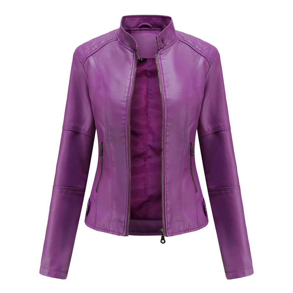 Women’s Stand Collar Zip-Up Leather Jacket | Elegant Solid Color Moto Jacket | Chic Slim-Fit Faux Leather Outwear with Pockets | Modern Minimalist Biker Jacket for Women | 2026 Trendy Streetwear Jacket