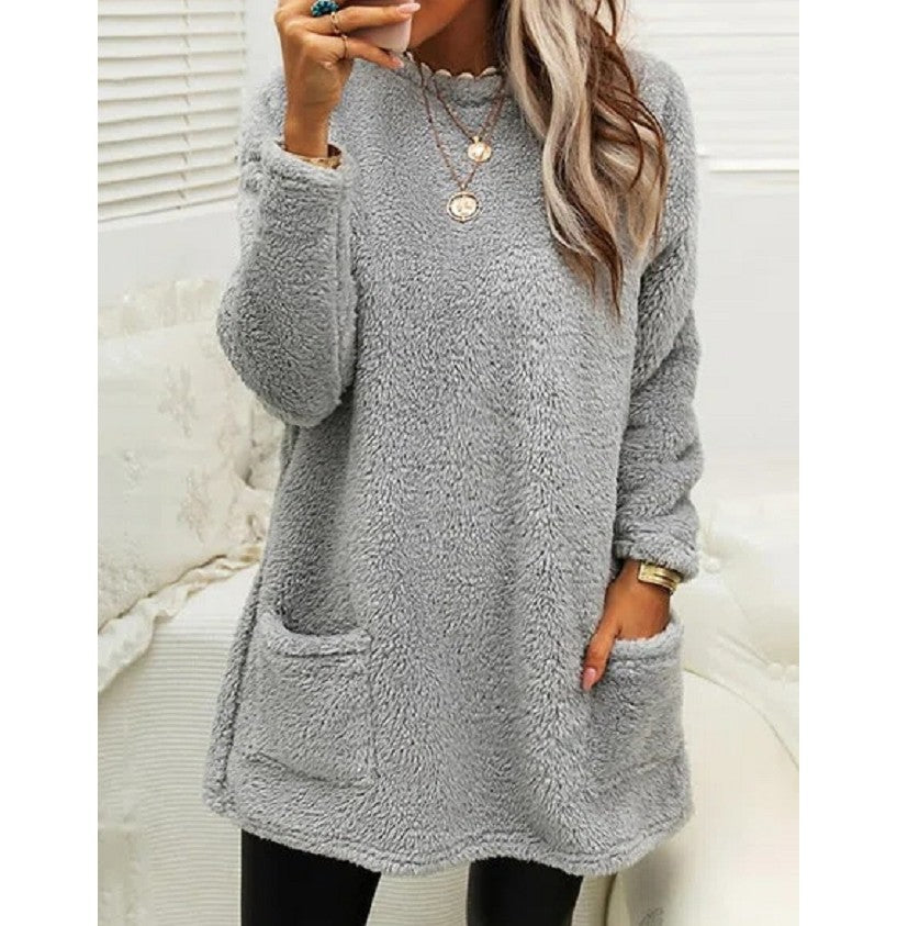 Women’s Plush Fleece Pullover Long Sweater | Winter Warm Thickened Hooded Sweatershirt | Casual Long Sleeve Plush Tops with Pockets | Trendy Loose Fit Hoodie Coat | 2026 Winter Streetwear Outerwear