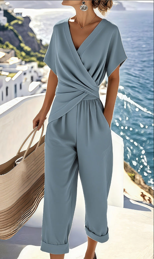Women's Two Pieces Set Fashion Solid Color Irregular Short Sleeve Suit Summer Fashion V Neck Slim Office Suit Casual Pleated Irregular Top And Pants Female Outfit