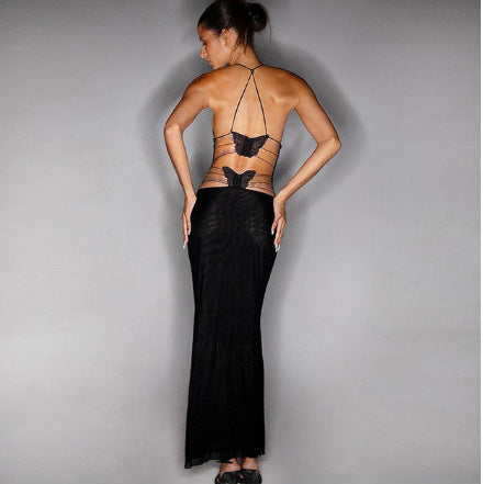 Floral Print Halter Spaghetti Straps Dress Slim Butterfly Back Dressess Spring Summer Womens Clothing