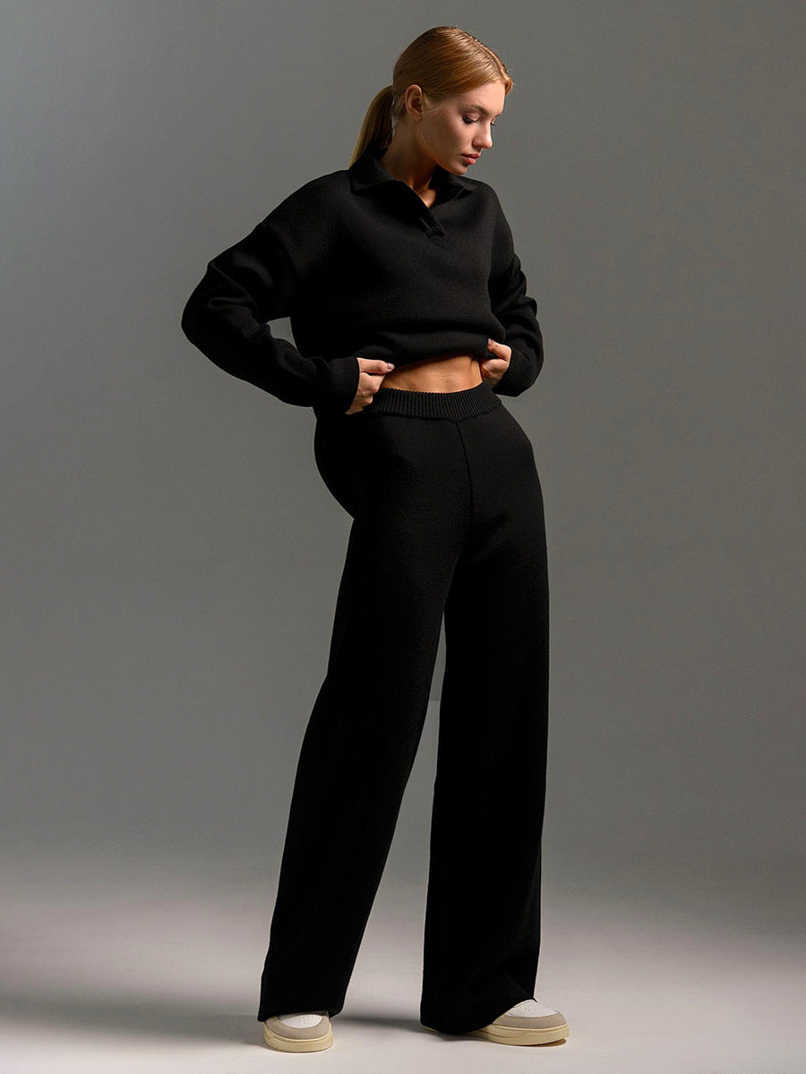 Women’s Collared Sweatshirt & Straight-Leg Pants Suit | Elegant 2-Piece Pullover Lounge Set | Casual Long-Sleeve Sport Trousers Set | Modern Minimalist Co-ord Set for Women | 2026 Trendy Streetwear Tracksuit