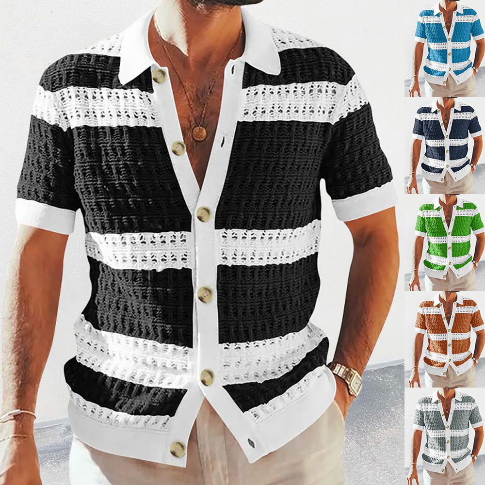 Men’s Luxury Knitted Polo Shirt | Short-Sleeve Hollow Breathable Cardigan | High-Sense Summer Knit Polo with Contrast Piping | Trendy Retro-Style Men’s Knit Top | 2026 High-Fashion Lightweight Summer Cardigan
