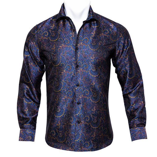 Barry Wang Men's Teal Paisley Floral Silk Shirt | Luxury Long Sleeve Jacquard Designer Dress Shirt | Elegant Floral Autumn Casual Shirt for Men