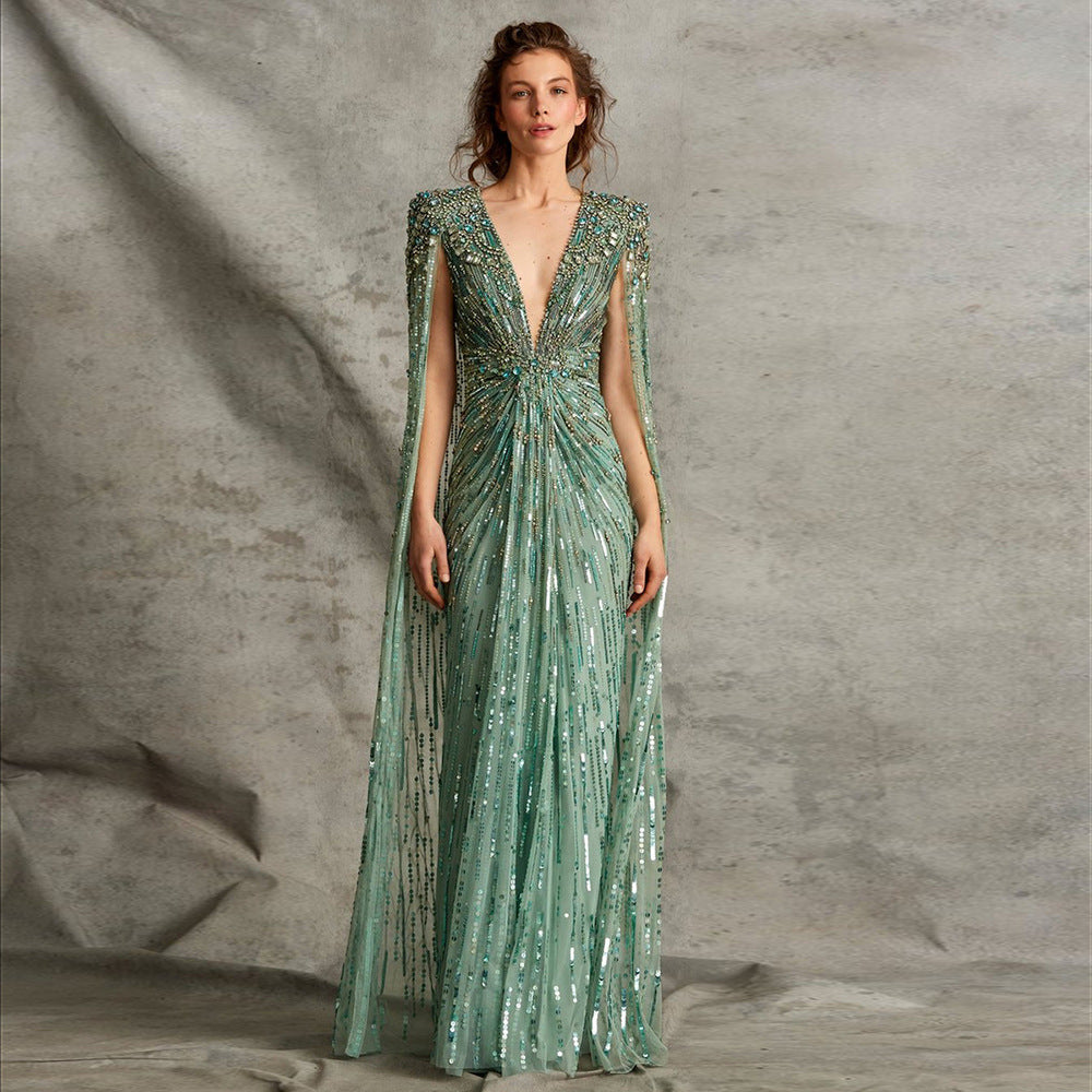Women’s Elegant Long V-Neck Evening Dress | High-Sense Formal Party Gown | Trendy Minimalist Sleek Silhouette Dress | Luxury-Label Statuesque Event Wear | 2026 High-Fashion Radiant Ceremony Essential