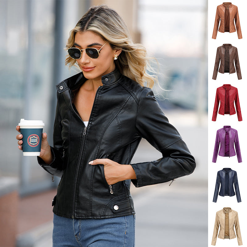 Women’s Stand Collar Zip-Up Leather Jacket | Elegant Solid Color Moto Jacket | Chic Slim-Fit Faux Leather Outwear with Pockets | Modern Minimalist Biker Jacket for Women | 2026 Trendy Streetwear Jacket