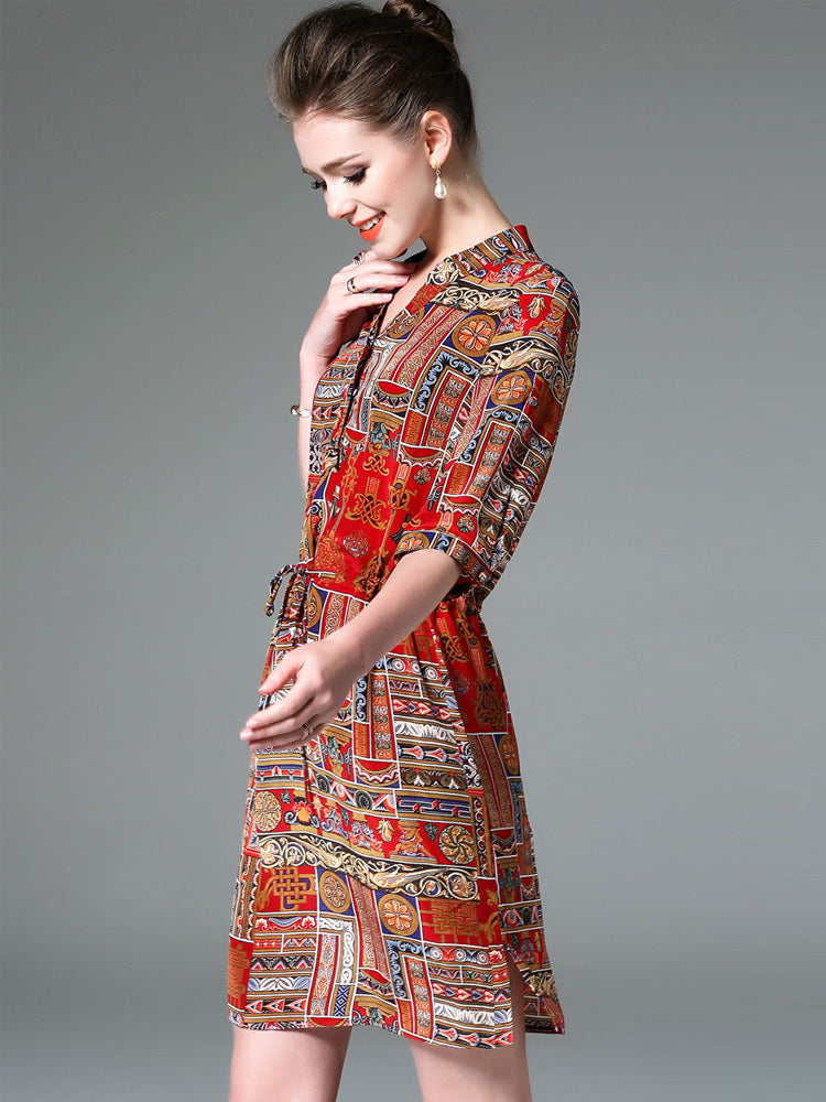 Ladies Vintage Print Slim-Fit Shirt Dress | Elegant Long Sleeve Patterned Midi Dress | Retro Stitching Detail Button-Down Dress | Women’s High-Sense Fashion Office & Casual Wear