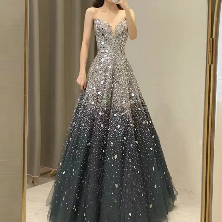 Blue Heavy Industry Wedding Evening Dress | Luxury Sequin & Bead Embroidered Gown | Elegant Floor-Length Formal Party Dress | Royal Blue Couture Banquet Gown
