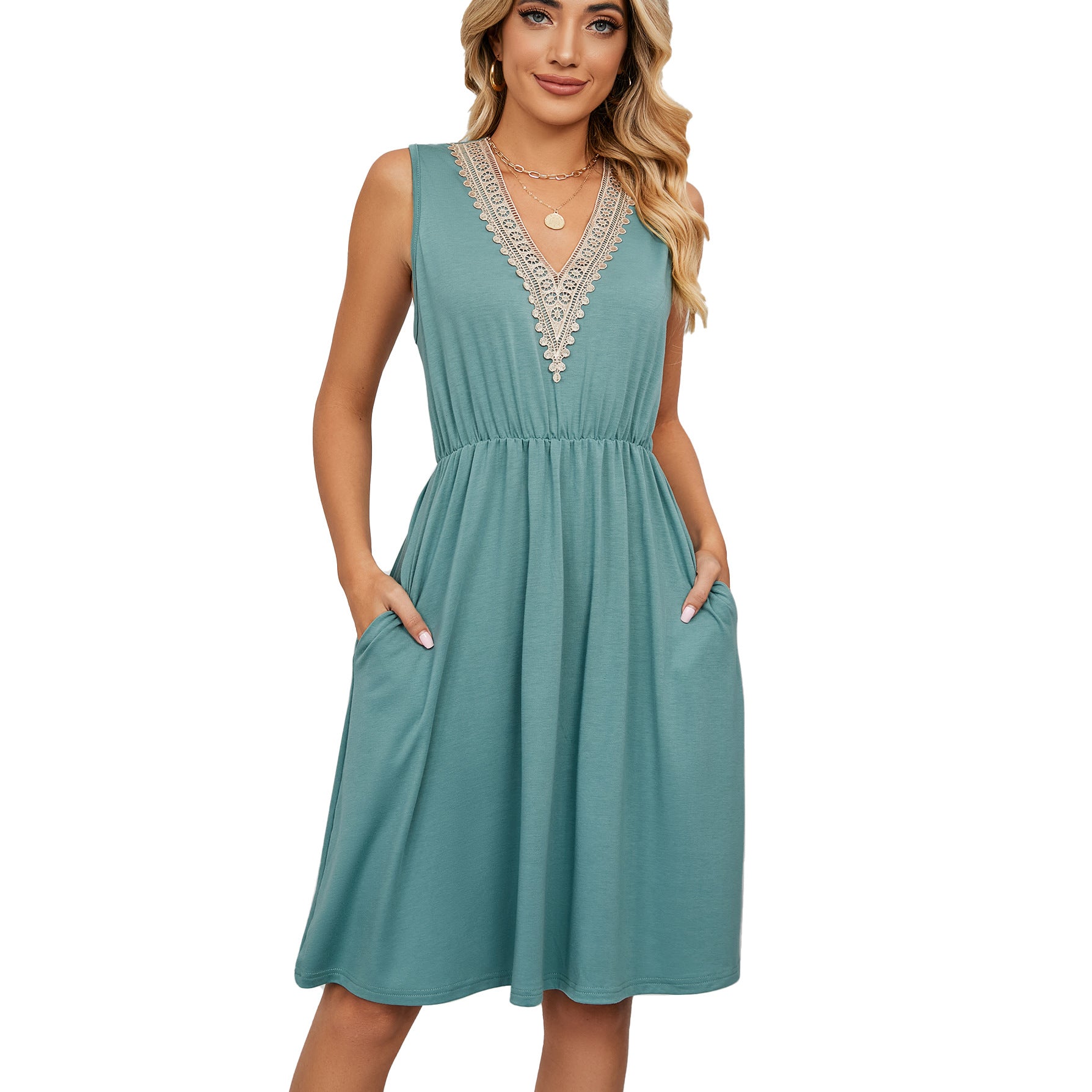 Women’s Lace Panel Sleeveless V-Neck Dress | Elegant A-Line Summer Dress with Pockets | Chic Lace Trim Party Dress | Functional & Stylish Sleeveless Sundress
