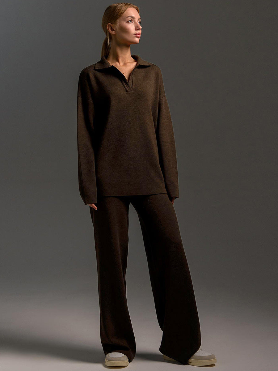 Women’s Collared Sweatshirt & Straight-Leg Pants Suit | Elegant 2-Piece Pullover Lounge Set | Casual Long-Sleeve Sport Trousers Set | Modern Minimalist Co-ord Set for Women | 2026 Trendy Streetwear Tracksuit