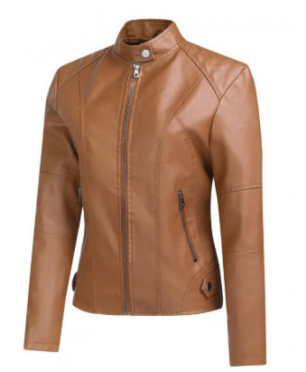 Women’s Stand Collar Zip-Up Leather Jacket | Elegant Solid Color Moto Jacket | Chic Slim-Fit Faux Leather Outwear with Pockets | Modern Minimalist Biker Jacket for Women | 2026 Trendy Streetwear Jacket