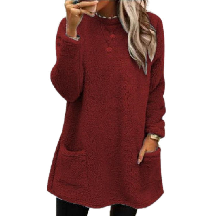 Women’s Plush Fleece Pullover Long Sweater | Winter Warm Thickened Hooded Sweatershirt | Casual Long Sleeve Plush Tops with Pockets | Trendy Loose Fit Hoodie Coat | 2026 Winter Streetwear Outerwear