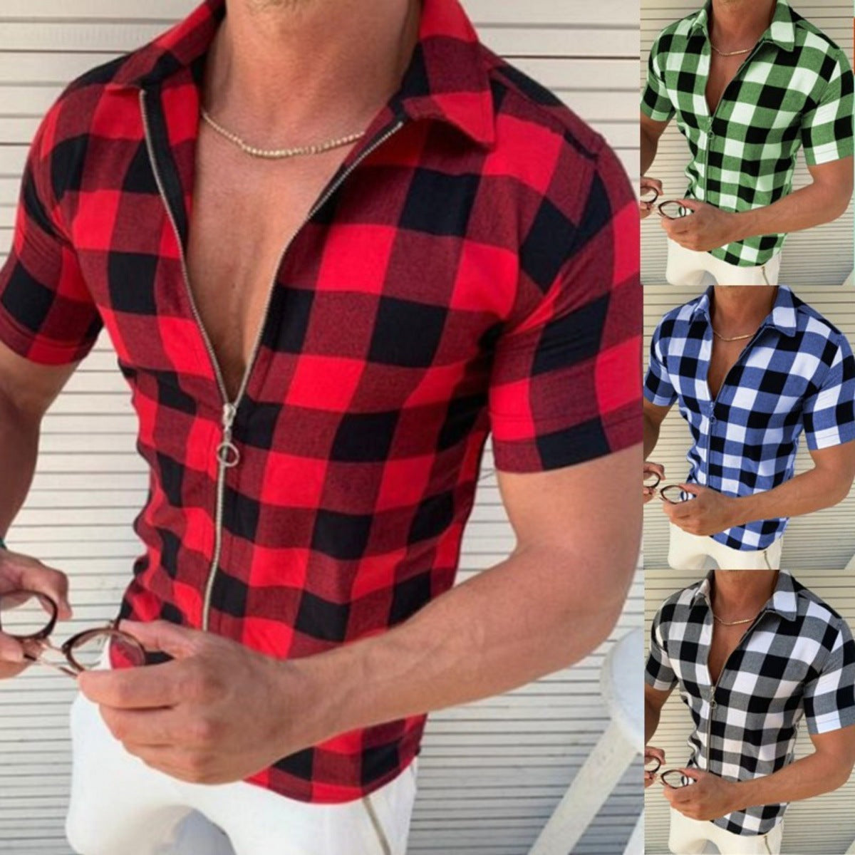 Men’s Plaid Zipper Short-Sleeve T-Shirt | High-Sense Summer Executive Polo | Trendy Minimalist Checkered Casual Shirt | Luxury-Label Urban Men’s Clothing | 2026 High-Fashion Statuesque Streetwear