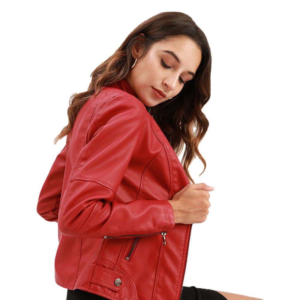 Women’s Stand Collar Zip-Up Leather Jacket | Elegant Solid Color Moto Jacket | Chic Slim-Fit Faux Leather Outwear with Pockets | Modern Minimalist Biker Jacket for Women | 2026 Trendy Streetwear Jacket