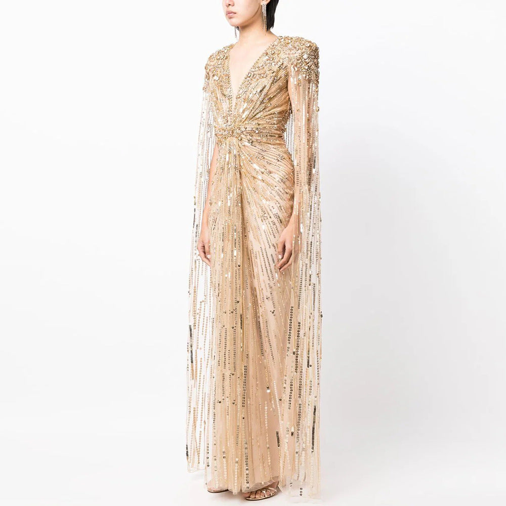 Women’s Elegant Long V-Neck Evening Dress | High-Sense Formal Party Gown | Trendy Minimalist Sleek Silhouette Dress | Luxury-Label Statuesque Event Wear | 2026 High-Fashion Radiant Ceremony Essential