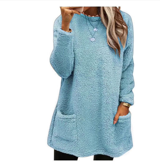 Women’s Plush Fleece Pullover Long Sweater | Winter Warm Thickened Hooded Sweatershirt | Casual Long Sleeve Plush Tops with Pockets | Trendy Loose Fit Hoodie Coat | 2026 Winter Streetwear Outerwear