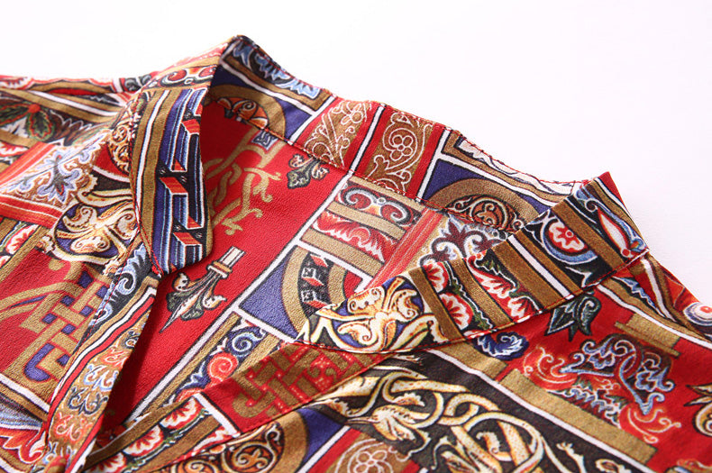 Ladies Vintage Print Slim-Fit Shirt Dress | Elegant Long Sleeve Patterned Midi Dress | Retro Stitching Detail Button-Down Dress | Women’s High-Sense Fashion Office & Casual Wear