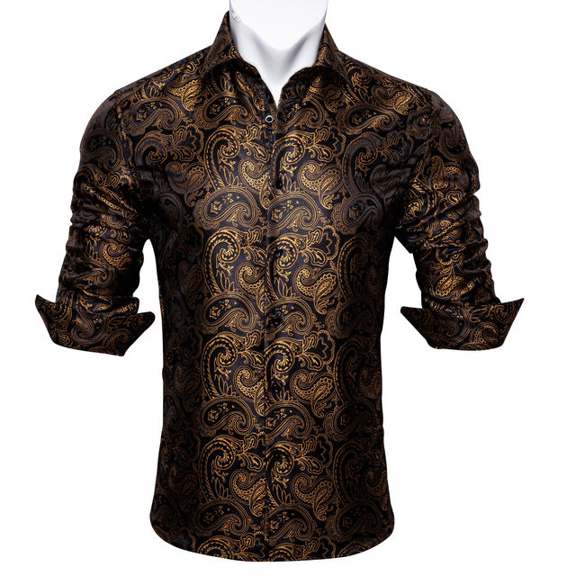 Barry Wang Men's Teal Paisley Floral Silk Shirt | Luxury Long Sleeve Jacquard Designer Dress Shirt | Elegant Floral Autumn Casual Shirt for Men