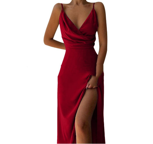 Women’s V-Neck Slit Sling Dress |Slim Suspender Summer Dress | Elegant Backless Side-Slit Maxi Dress | Trendy Minimalist Spaghetti Strap Sun Dress | 2026 High-Fashion Vacation & Party Wear