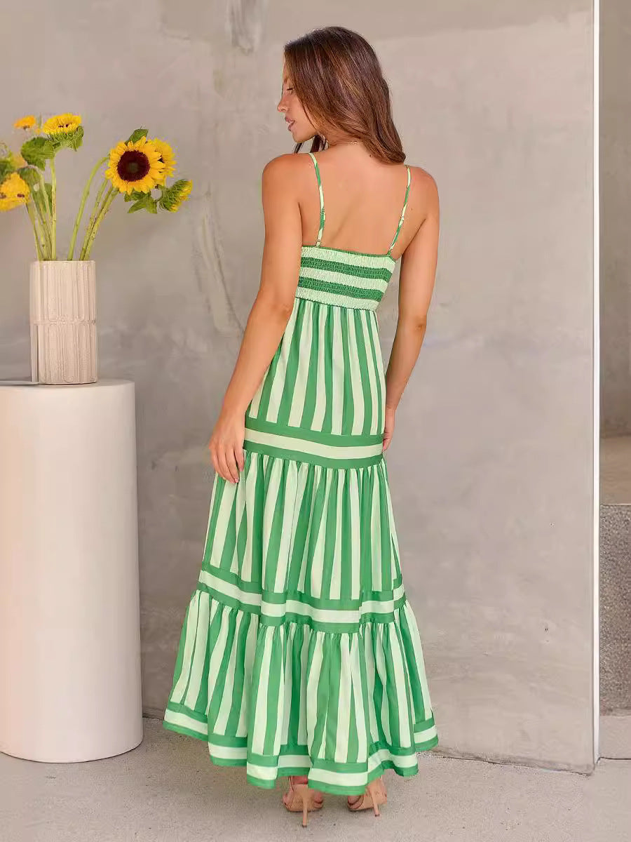 Summer Striped Suspender Maxi Dress | High-Sense Backless Beach Vacation Gown | Trendy Minimalist Square Neck Dress with Pockets | Luxury-Label Statuesque Radiant Apparel | 2026 High-Fashion Emerald-Luxe Essential