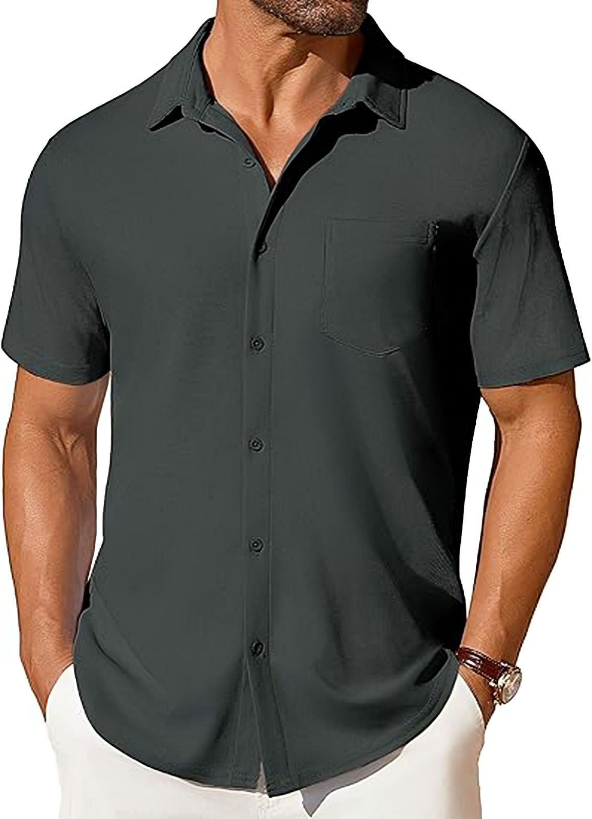 Men’s Short Sleeve Button-Up Shirt | Premium Wrinkle & Crease Resistant Fabric | Non-Iron Modern Business Casual Shirt | Travel-Friendly Lightweight Men's Summer Top